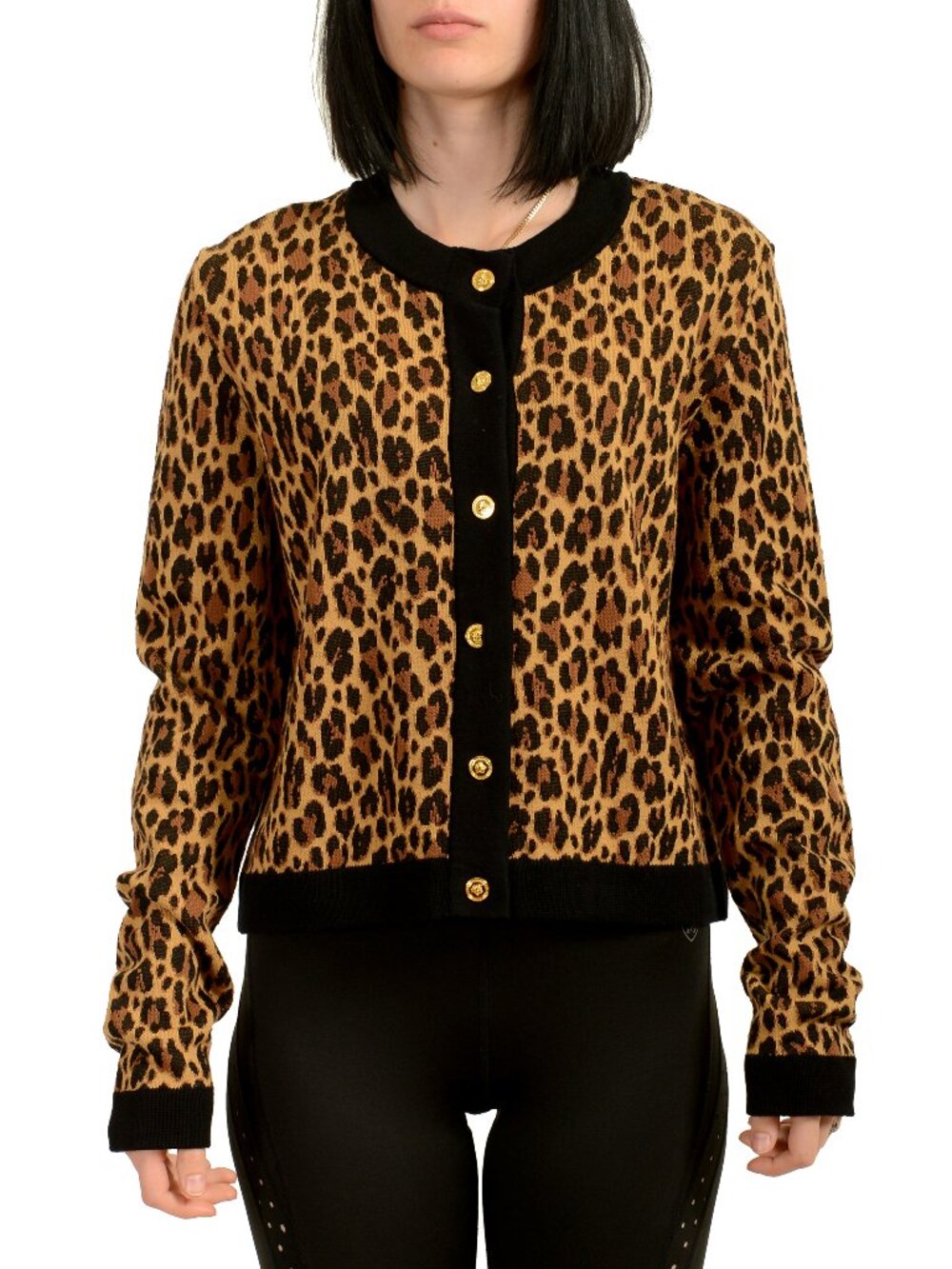 Versace Women's Leopard Jacquard Knit Cardigan Sweater US M IT 42
